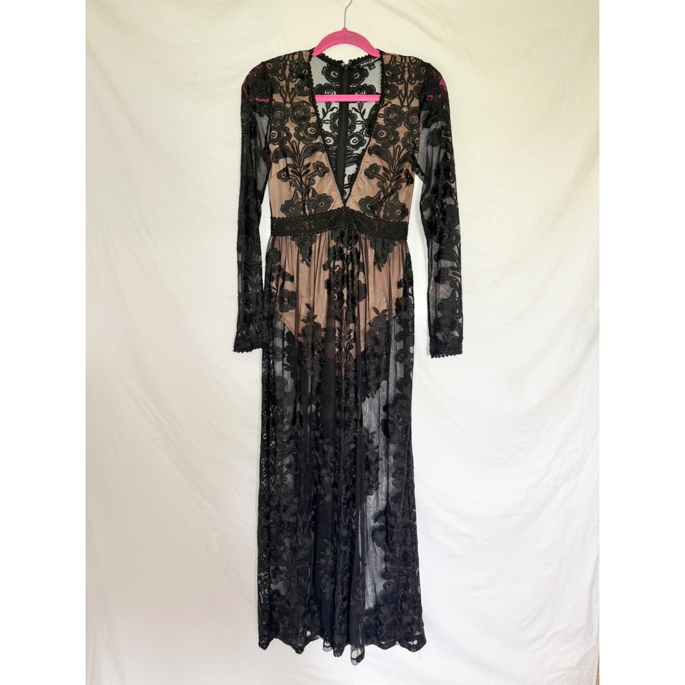 For Love & Lemons Temecula Maxi Dress Black Floral Lace Sheer Sm Gothic Romance